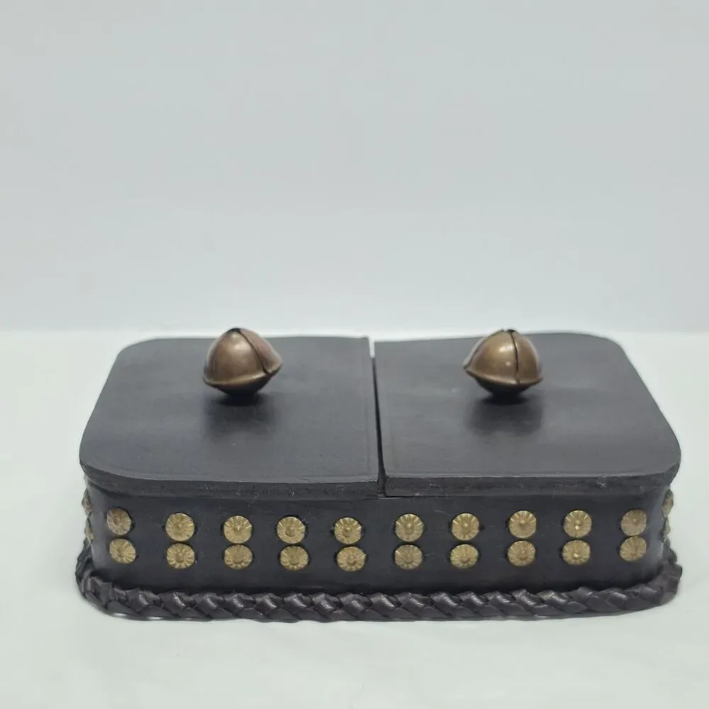 VTG Poland Studded Leather Double Deck Playing Card Box Holder With Bells MCM